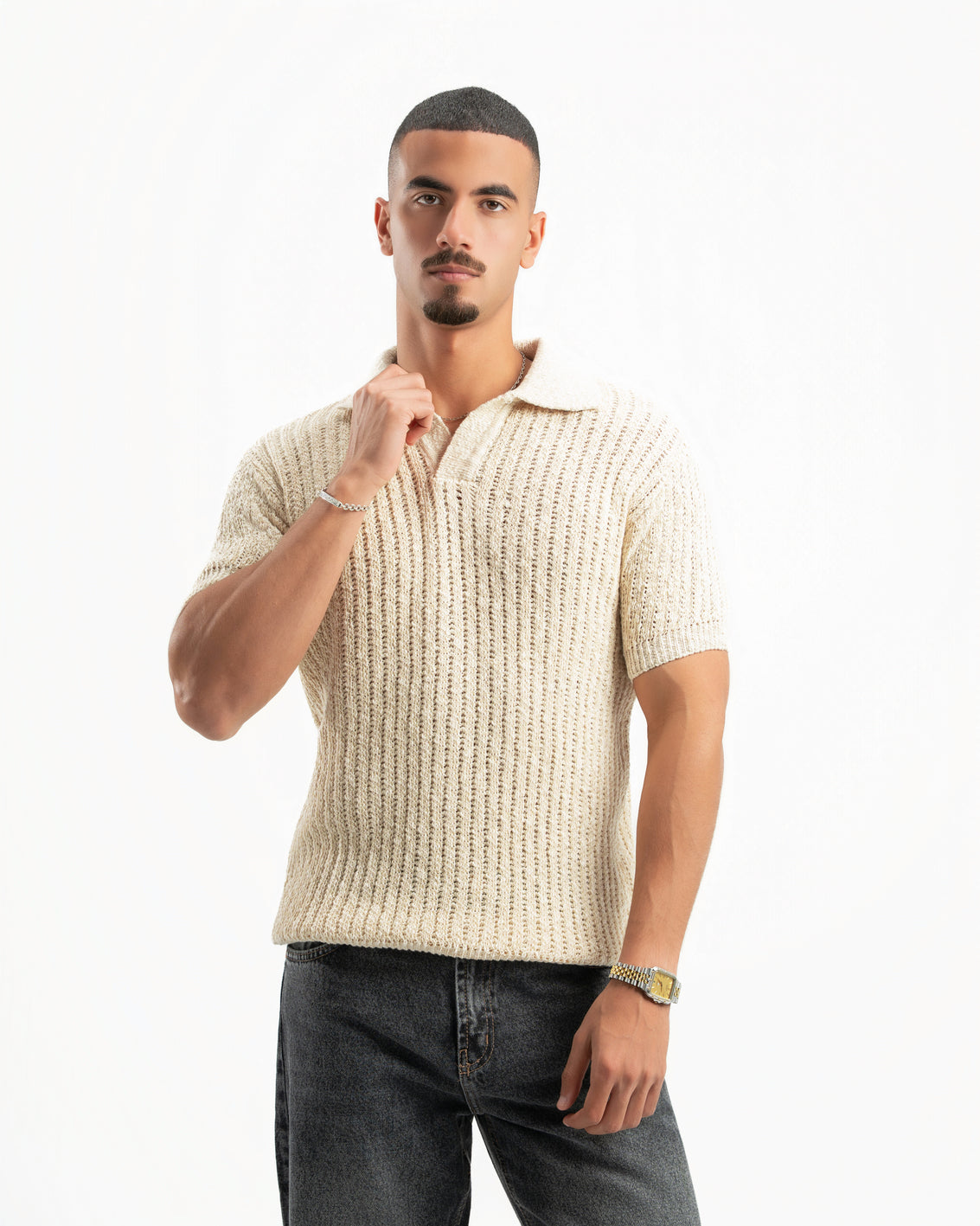 BEIGE RIBBED KNIT POLO