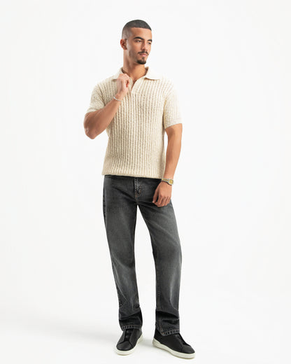 BEIGE RIBBED KNIT POLO