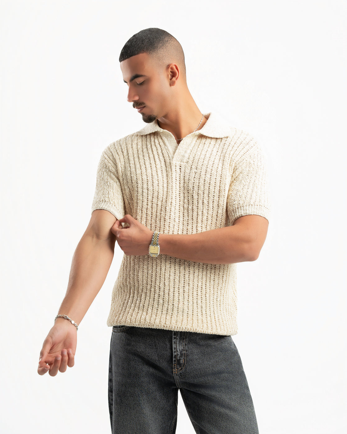 BEIGE RIBBED KNIT POLO