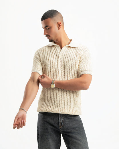 BEIGE RIBBED KNIT POLO