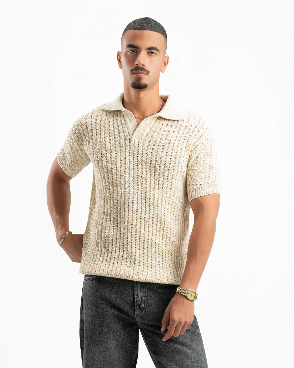 BEIGE RIBBED KNIT POLO