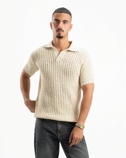 BEIGE RIBBED KNIT POLO