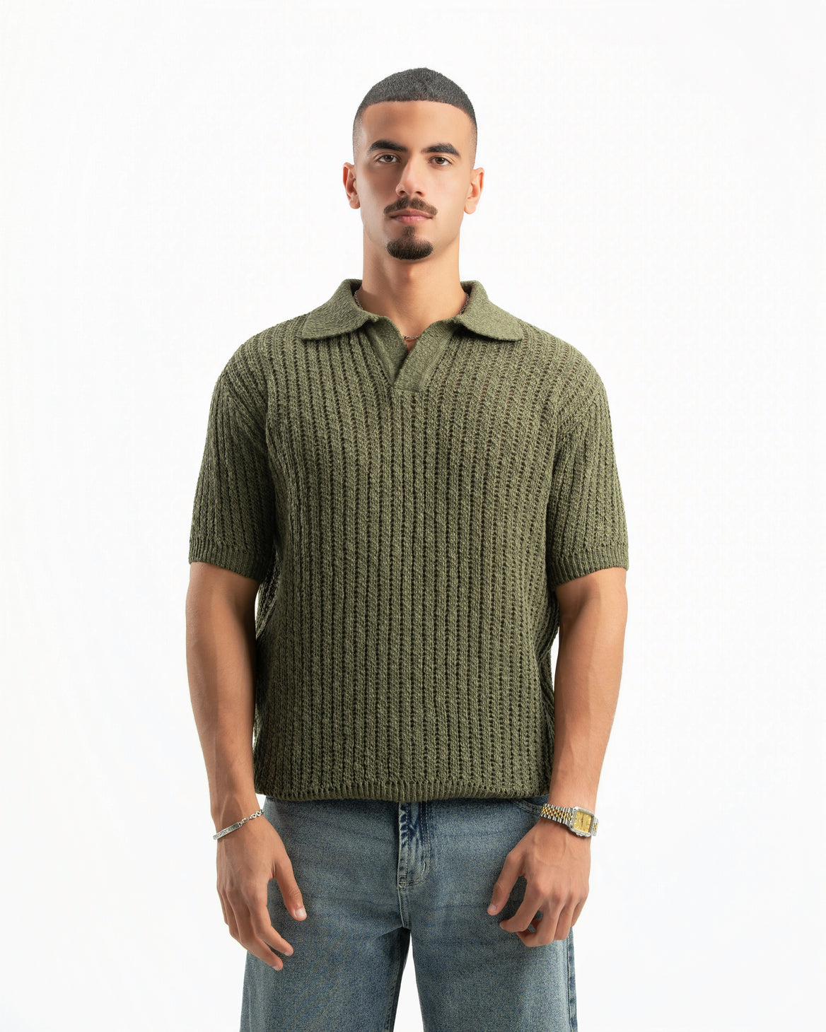 OLIVE RIBBED KNIT POLO