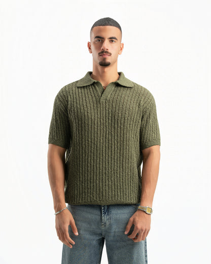 OLIVE RIBBED KNIT POLO