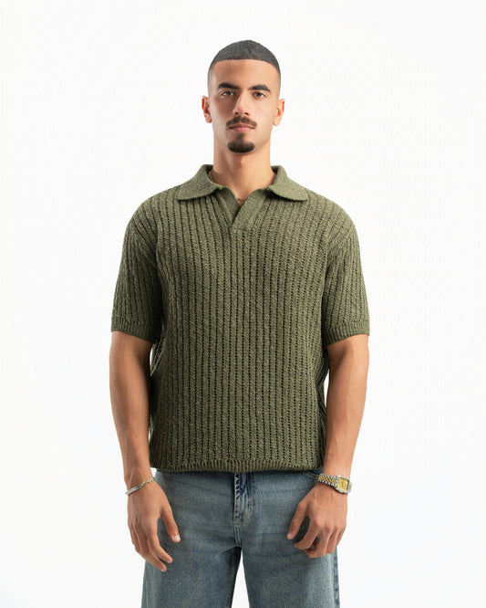 OLIVE RIBBED KNIT POLO