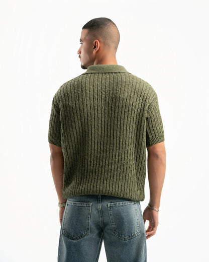 OLIVE RIBBED KNIT POLO