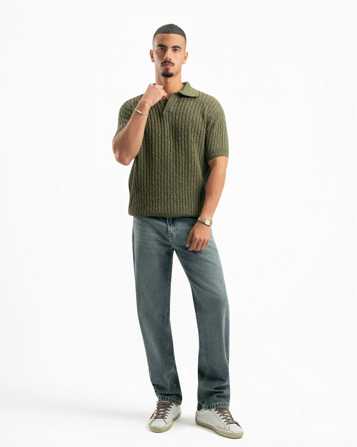 OLIVE RIBBED KNIT POLO