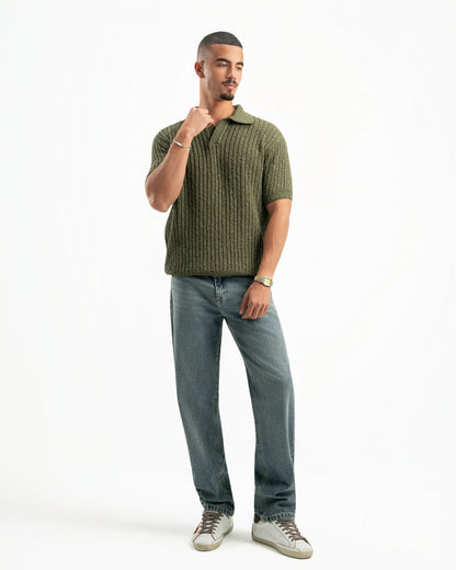 OLIVE RIBBED KNIT POLO