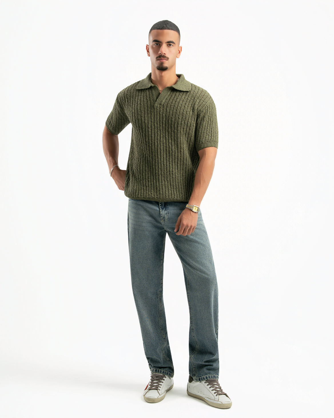 OLIVE RIBBED KNIT POLO