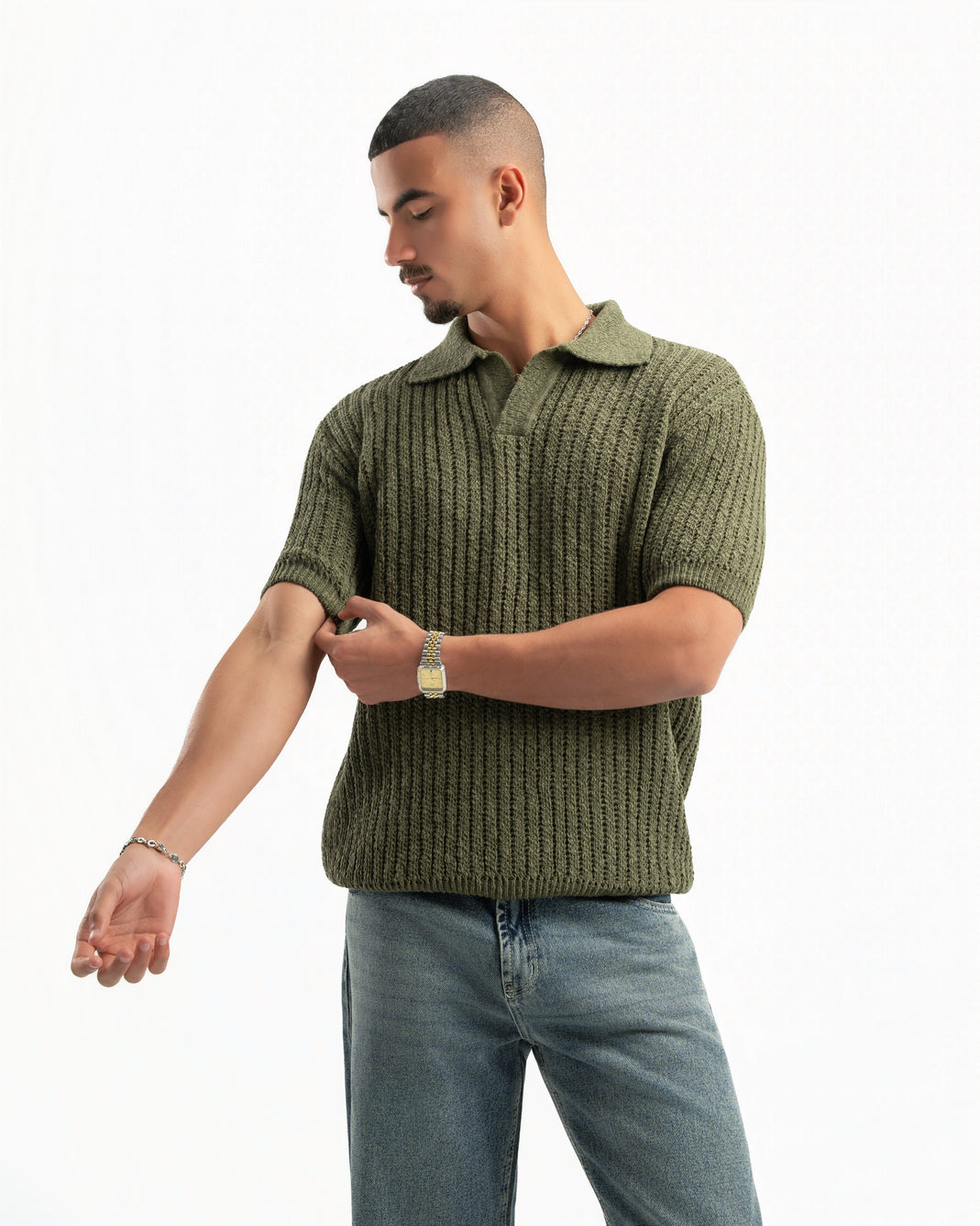 OLIVE RIBBED KNIT POLO