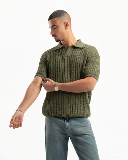 OLIVE RIBBED KNIT POLO