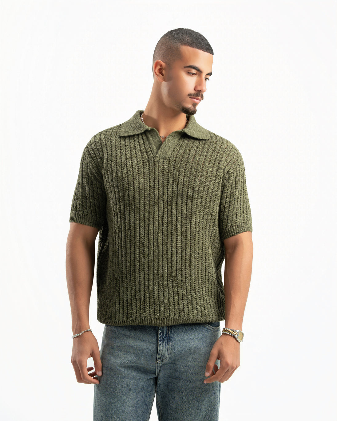OLIVE RIBBED KNIT POLO