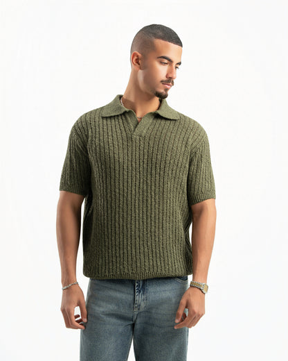 OLIVE RIBBED KNIT POLO