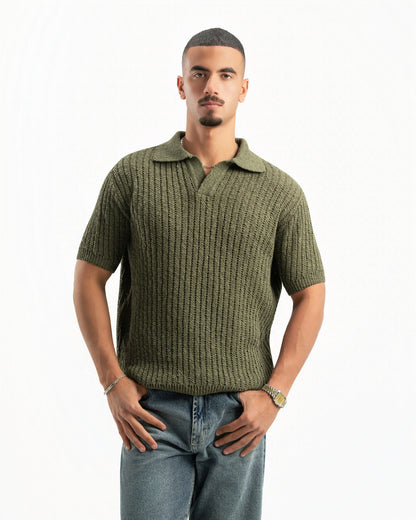 OLIVE RIBBED KNIT POLO