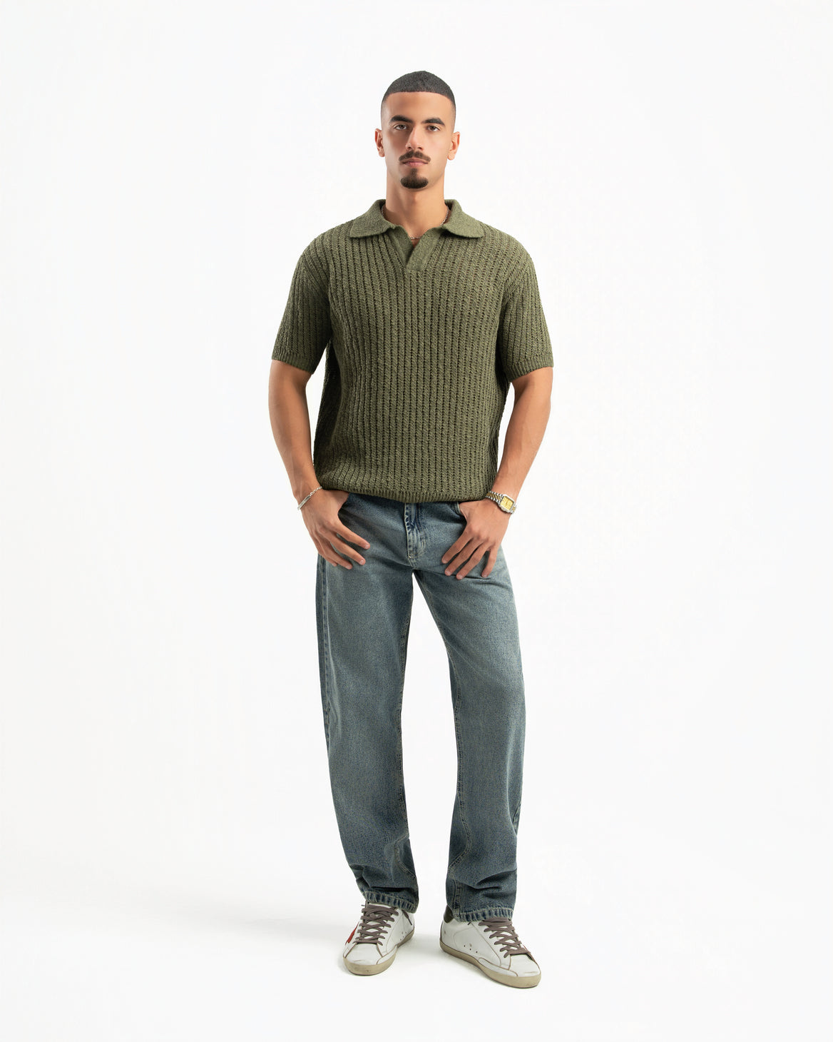 OLIVE RIBBED KNIT POLO