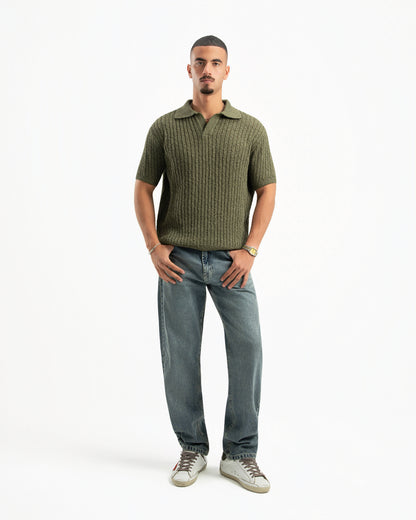OLIVE RIBBED KNIT POLO