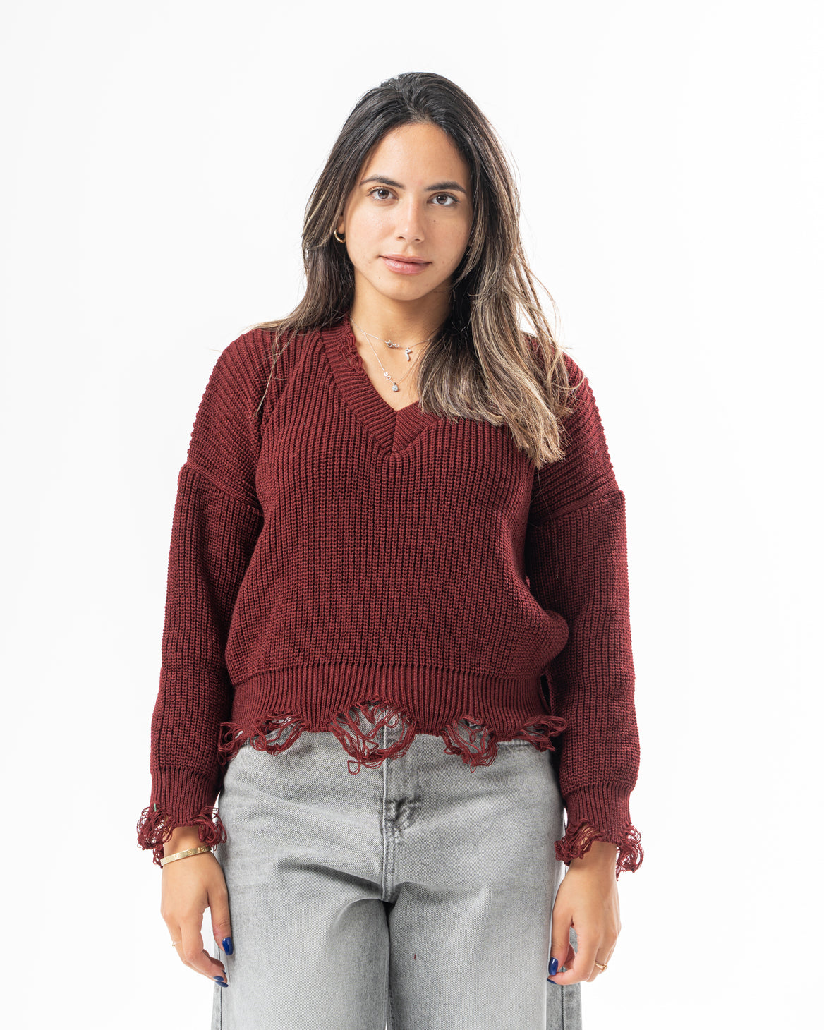 Ripped Pullover in Burgundy