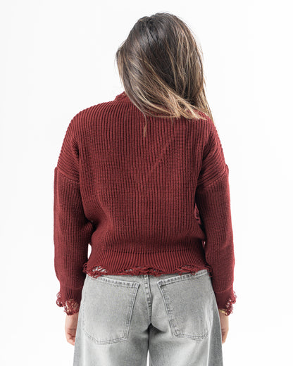 Ripped Pullover in Burgundy