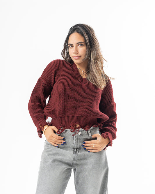 Ripped Pullover in Burgundy