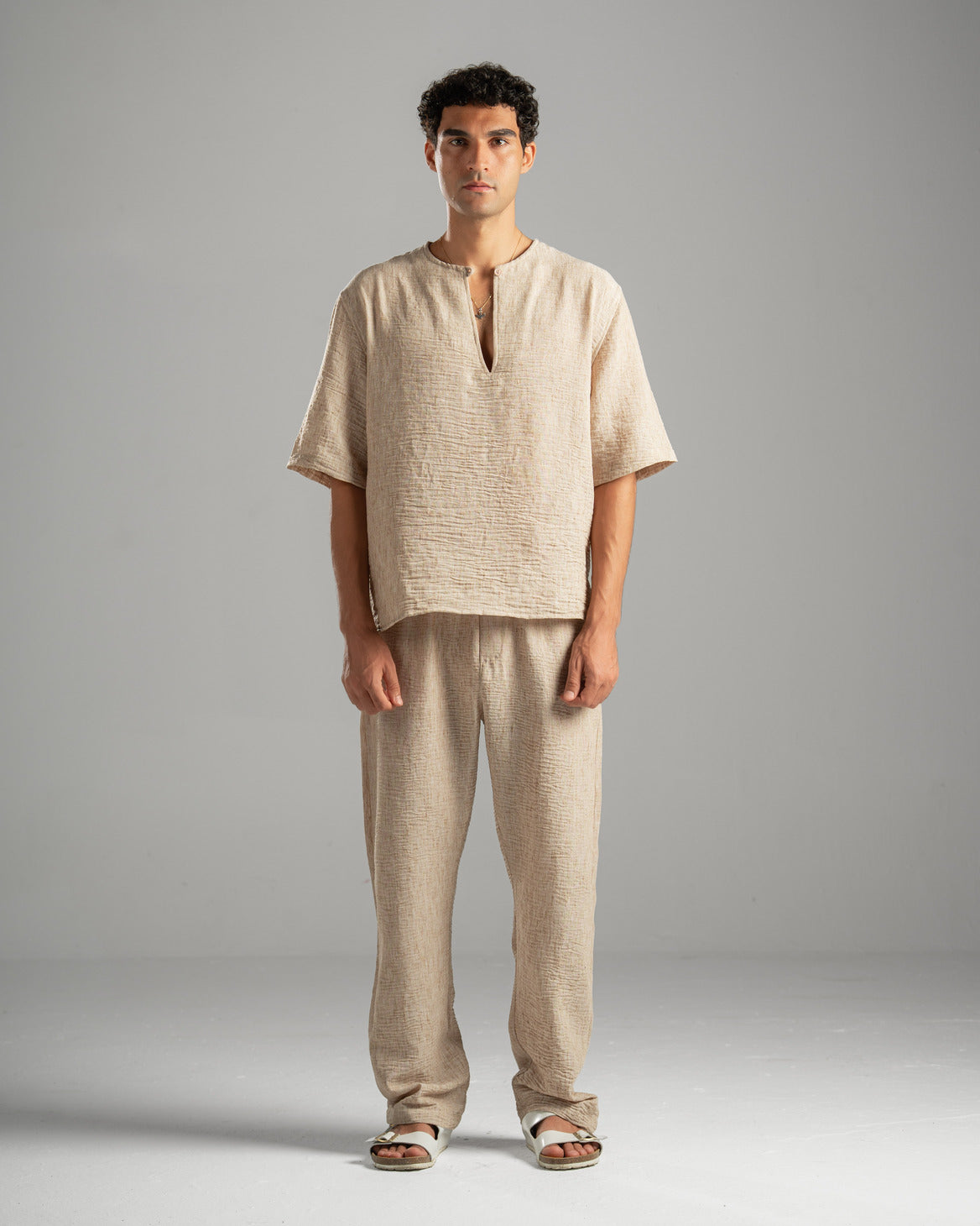 Beige V Linen Shirt