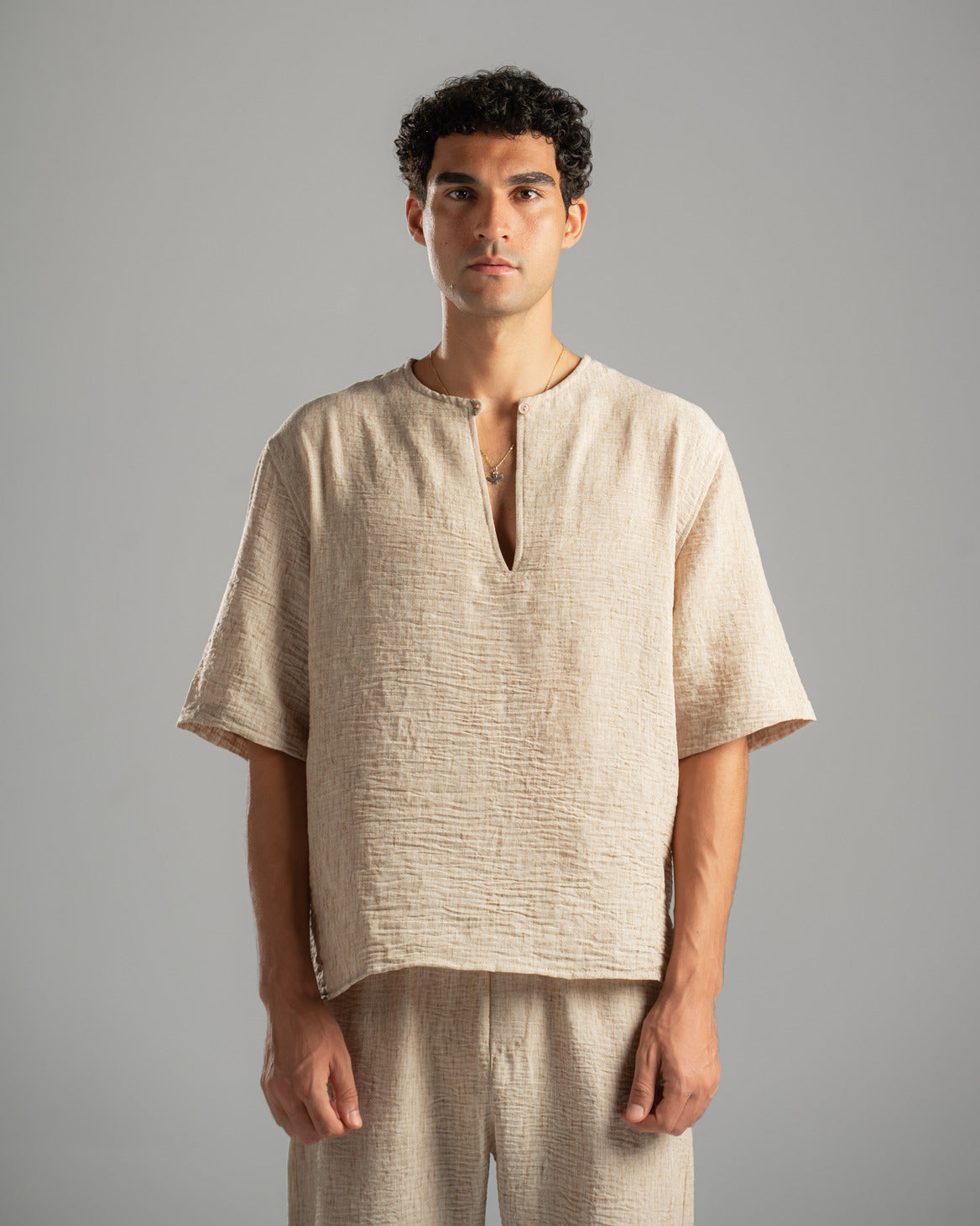Beige V Linen Shirt