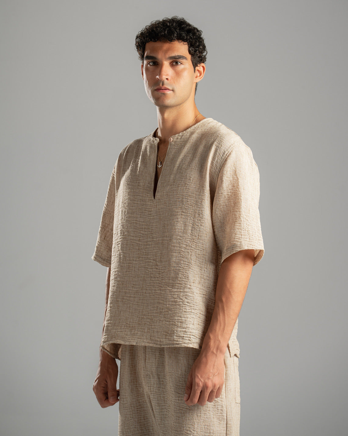 Beige V Linen Shirt