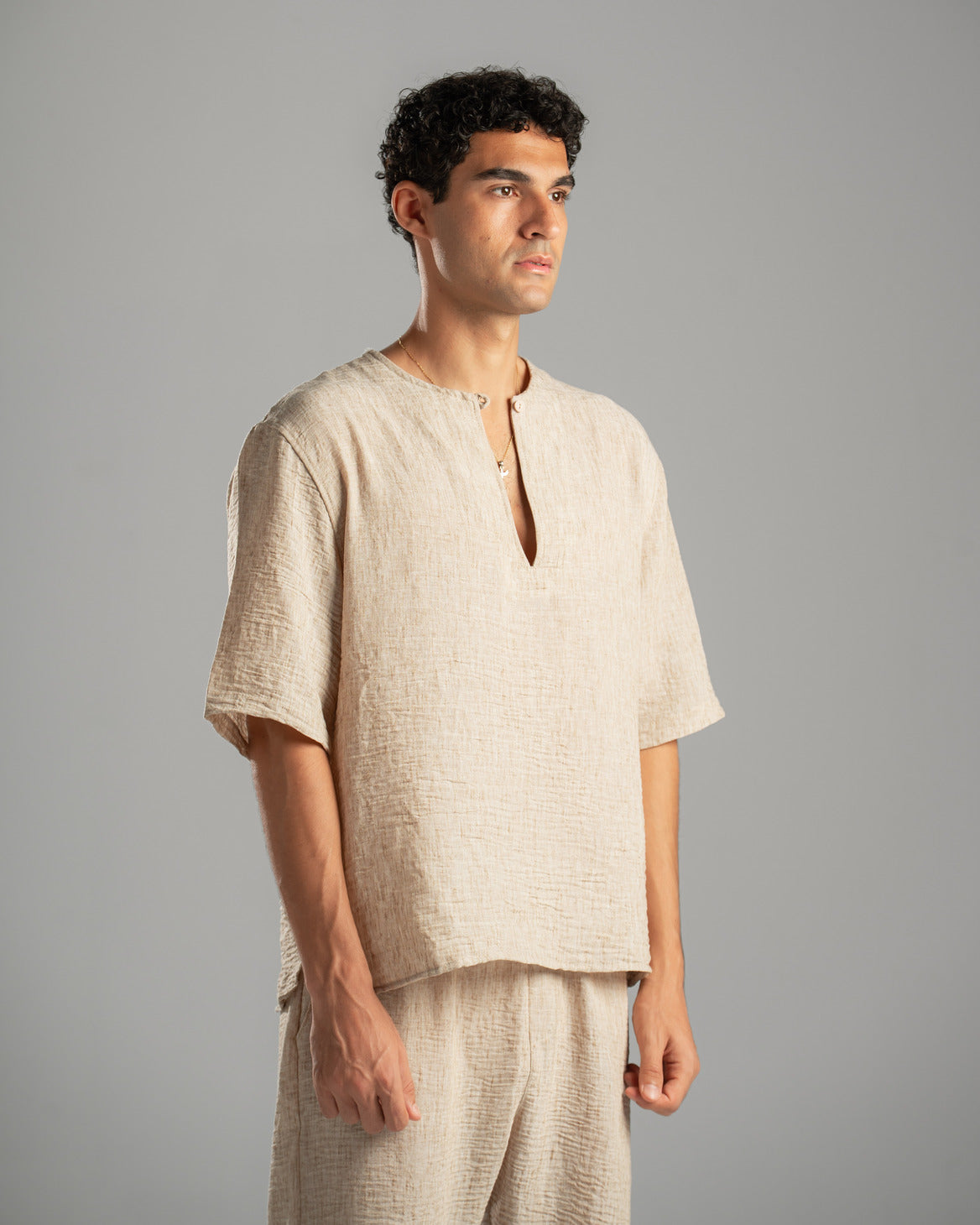 Beige V Linen Shirt
