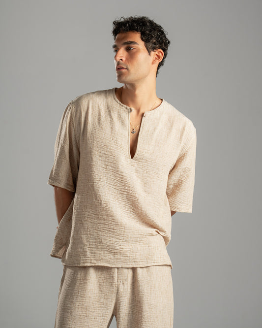 Beige V Linen Shirt