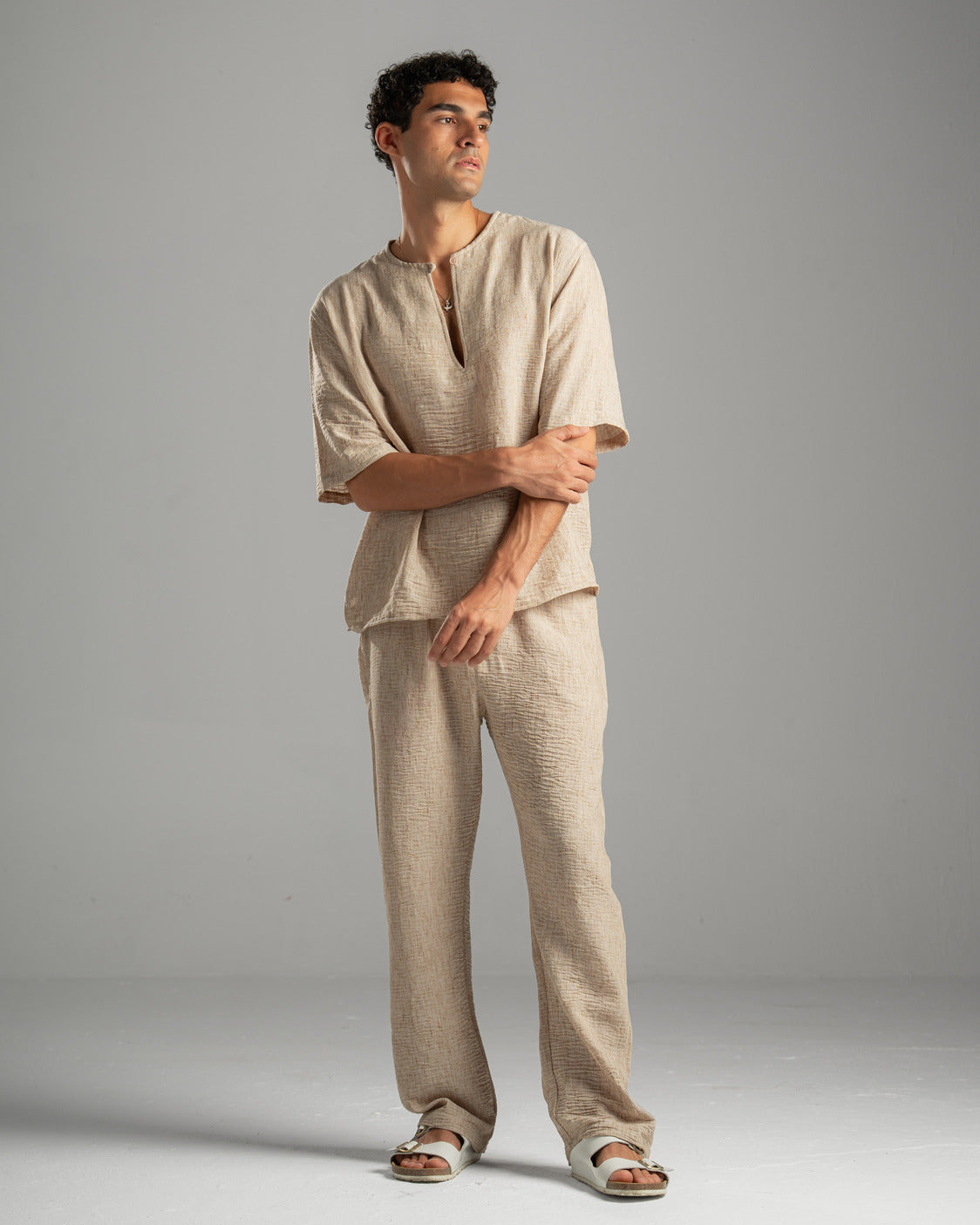 Beige V Linen Shirt