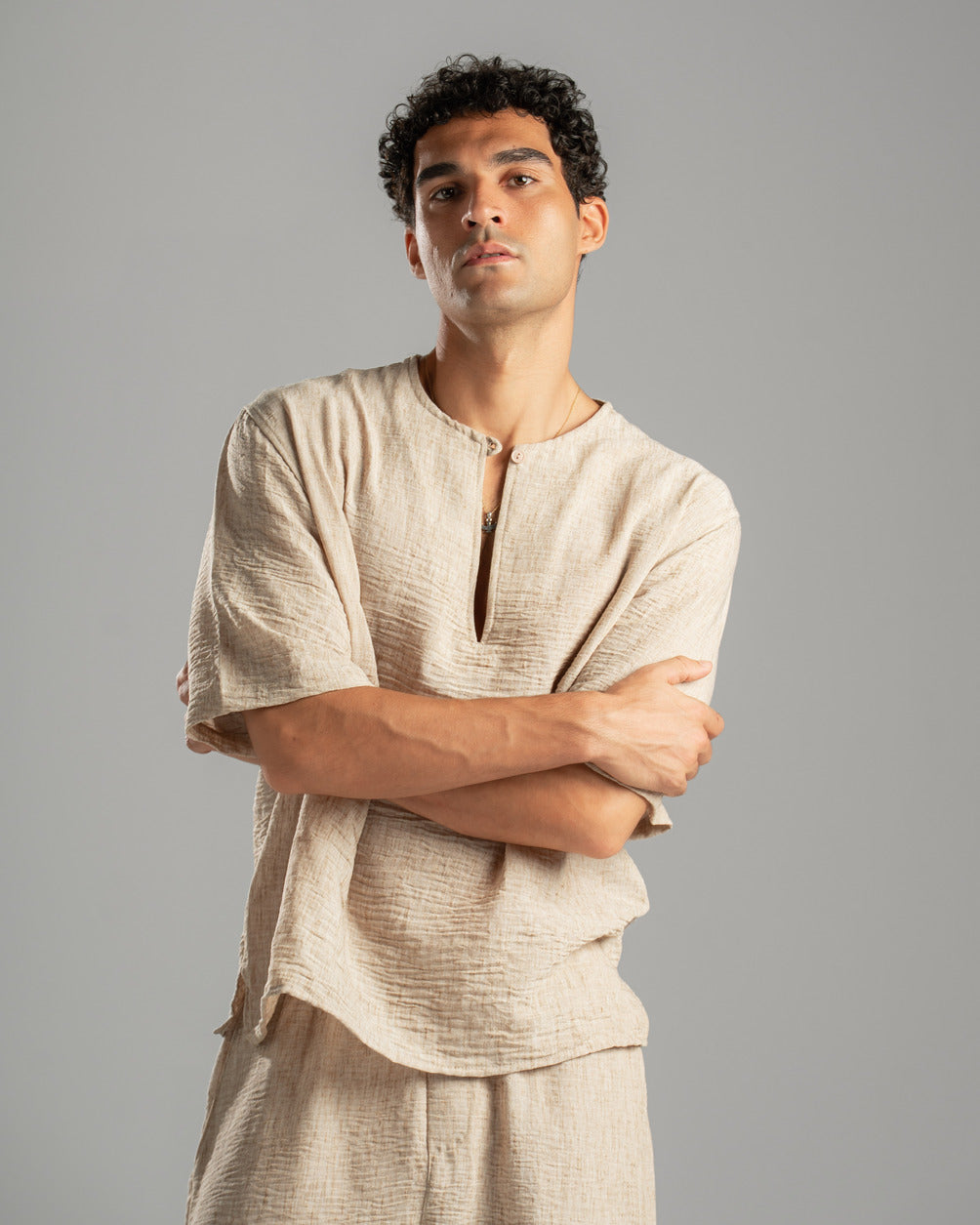 Beige V Linen Shirt