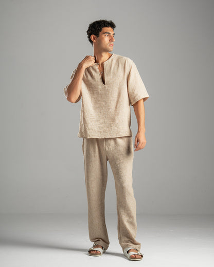 Beige V Linen Shirt