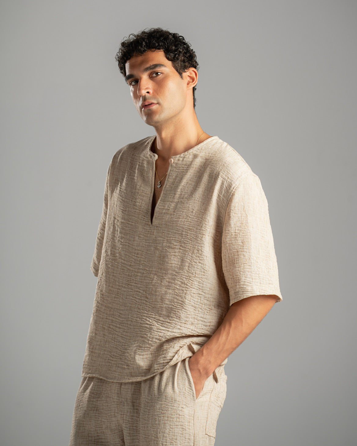 Beige V Linen Shirt