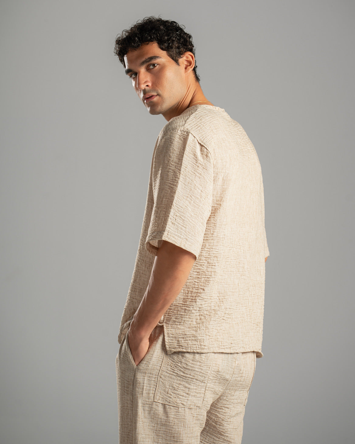 Beige V Linen Shirt