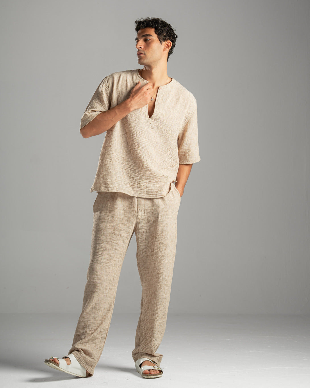 Beige V Linen Shirt