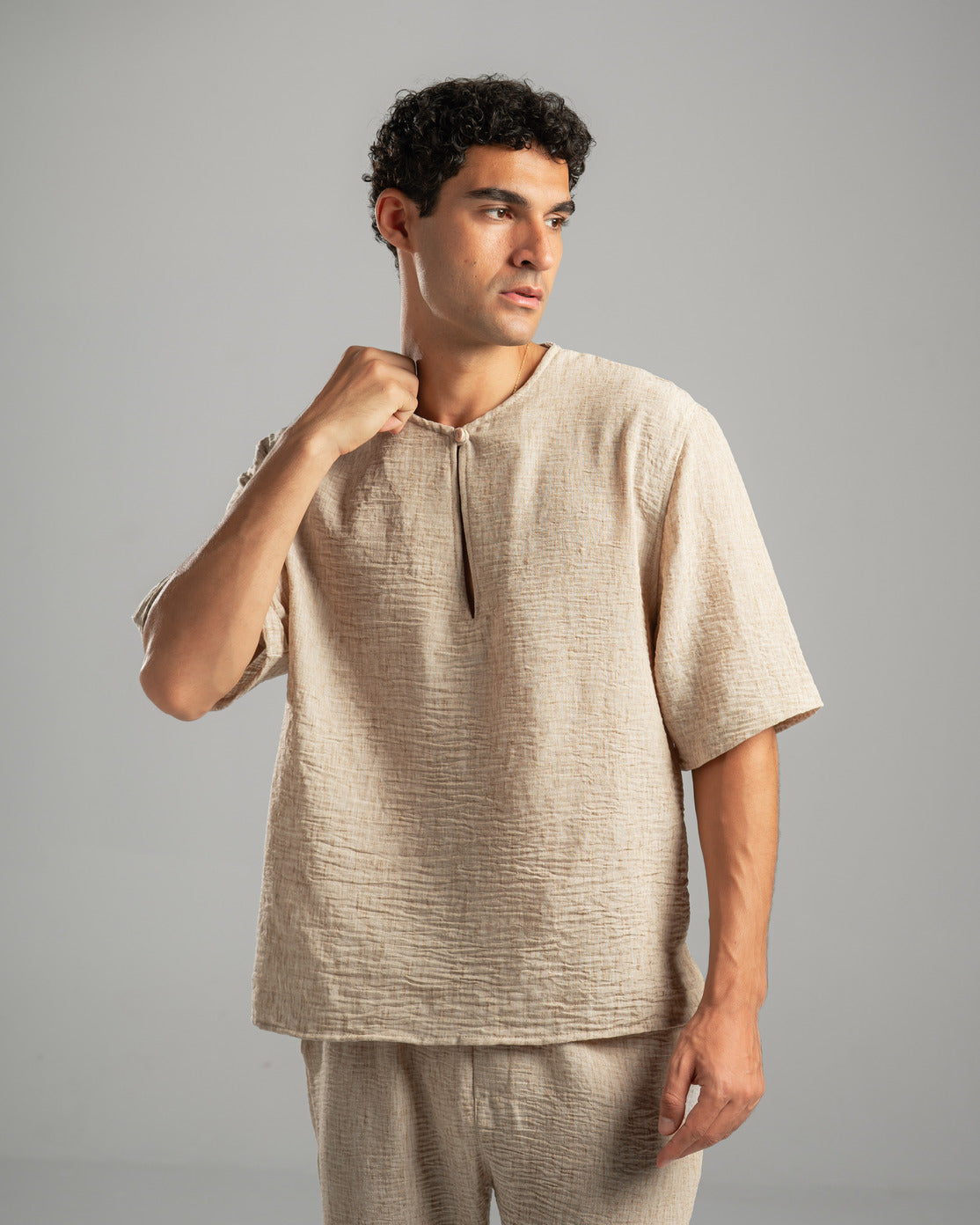 Beige V Linen Shirt