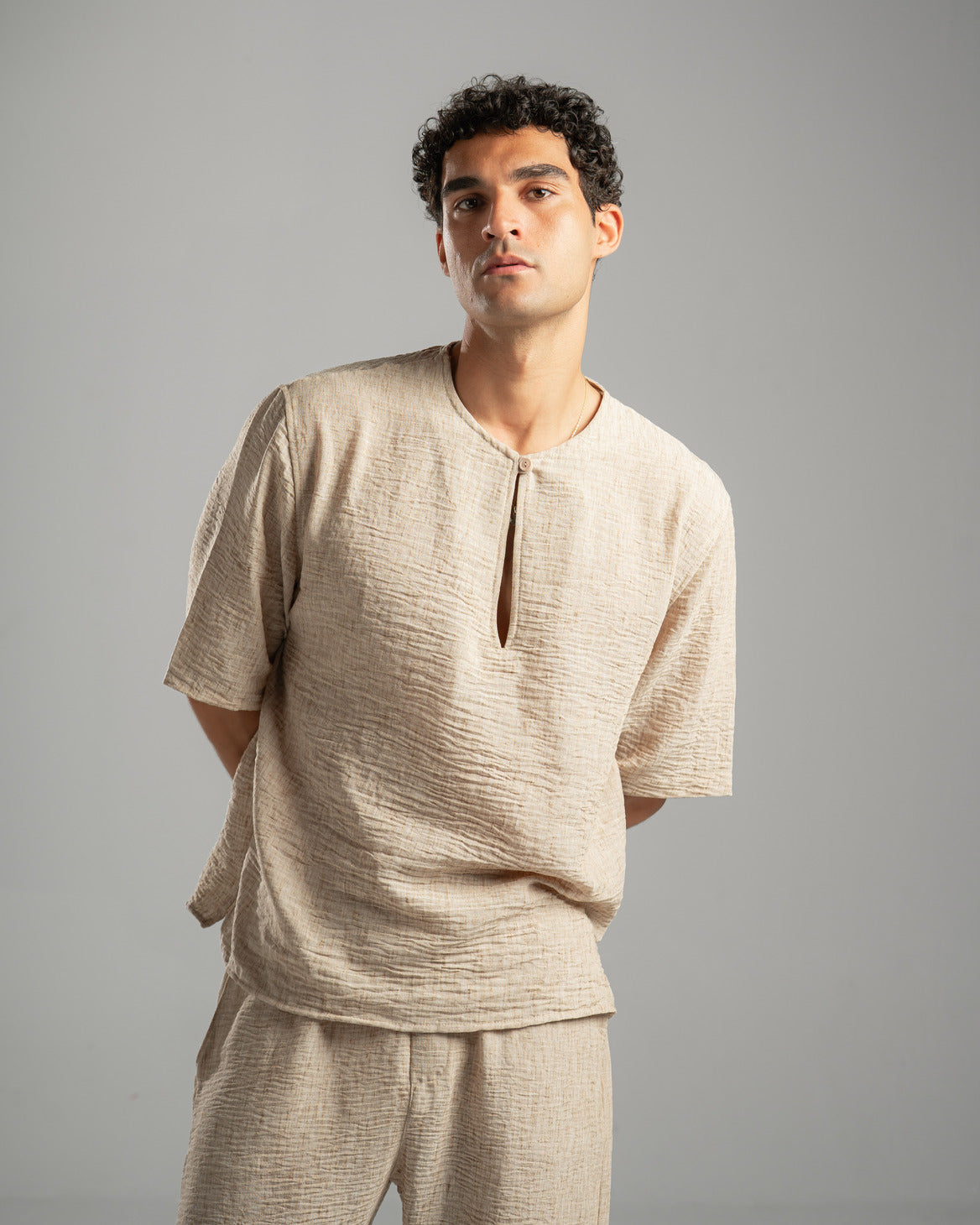 Beige V Linen Shirt