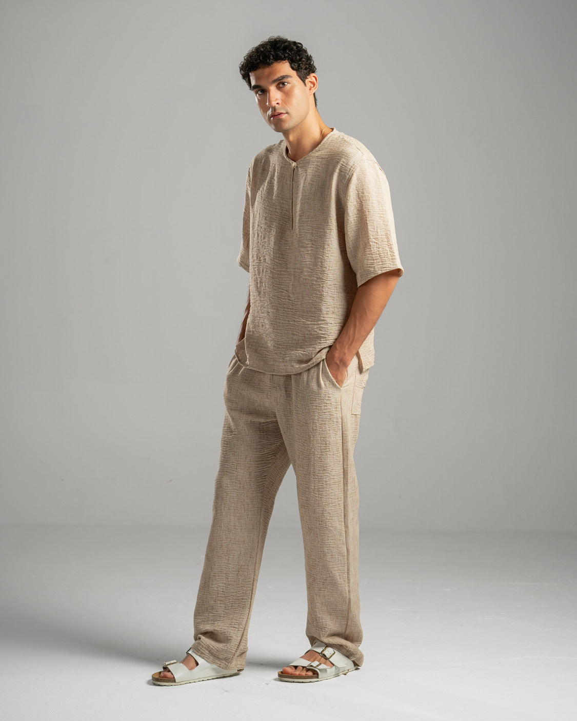 Beige V Linen Shirt