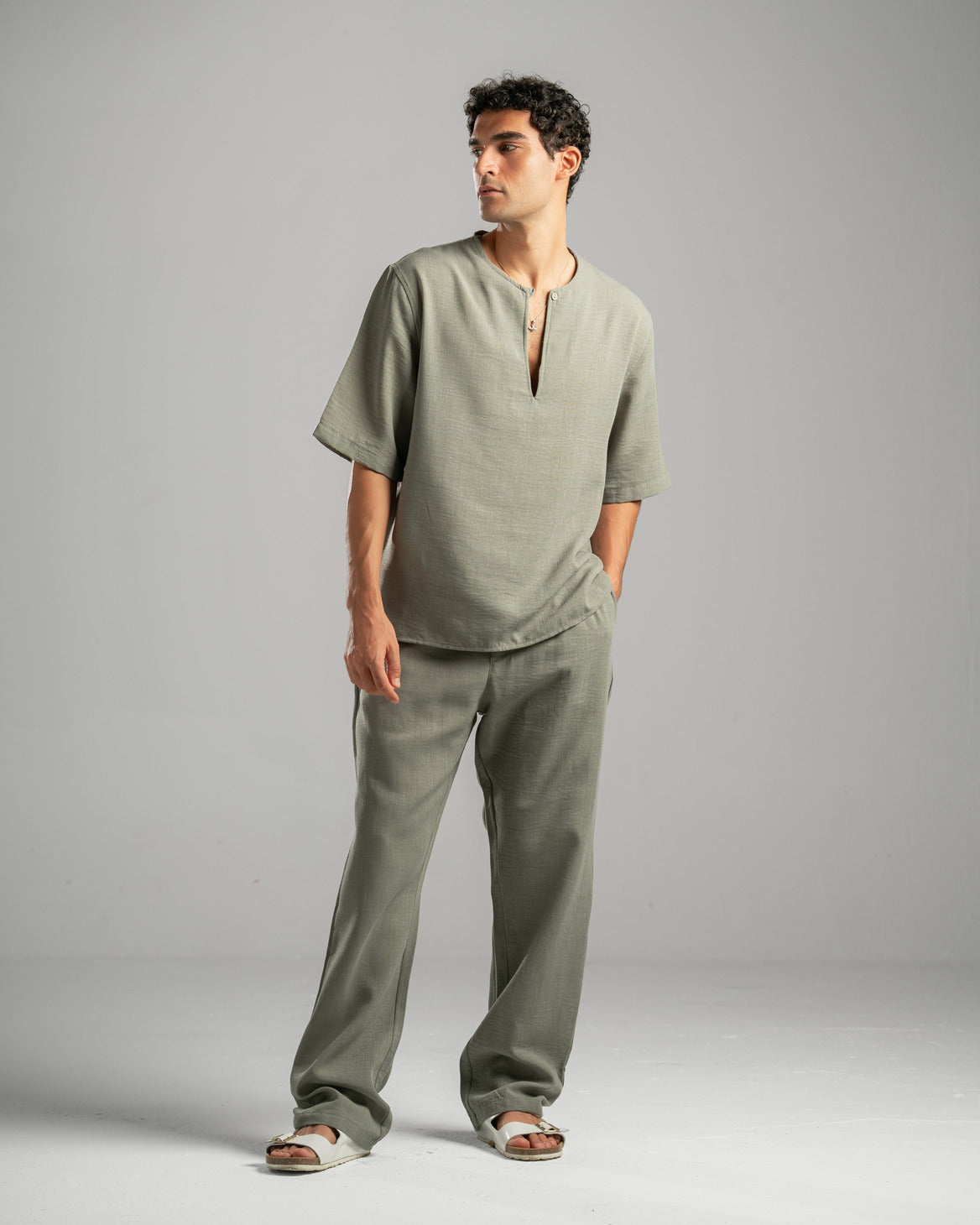 Olive V Linen Shirt