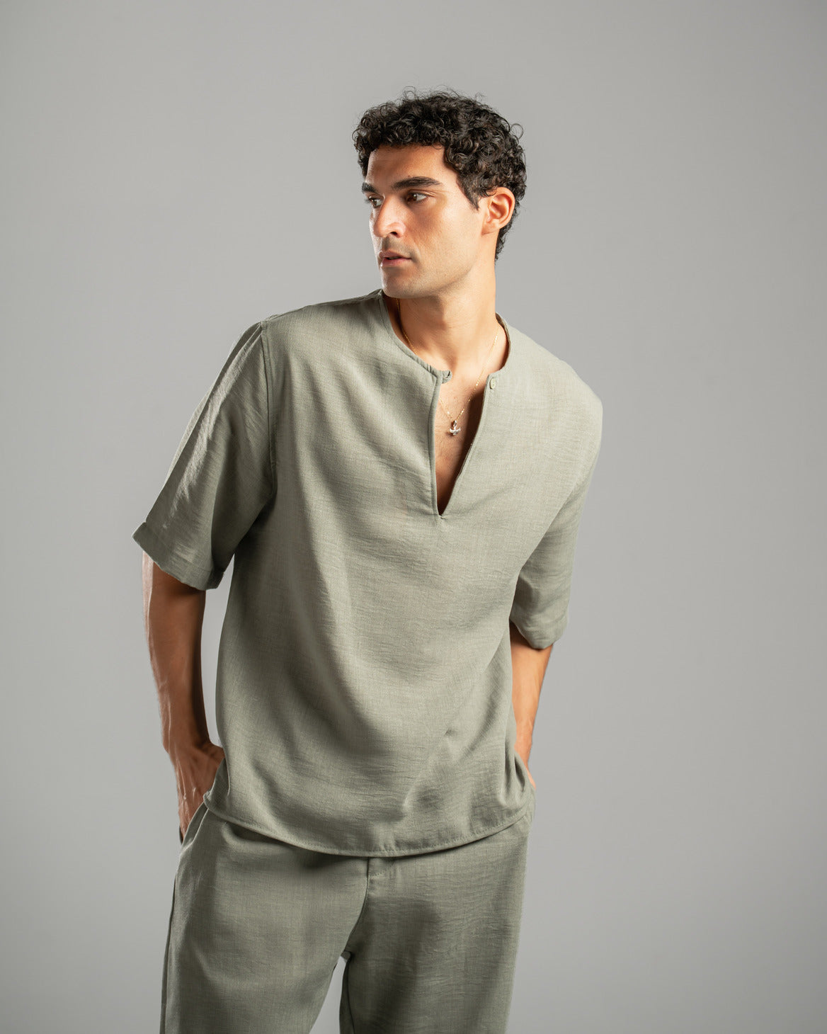 Olive V Linen Shirt