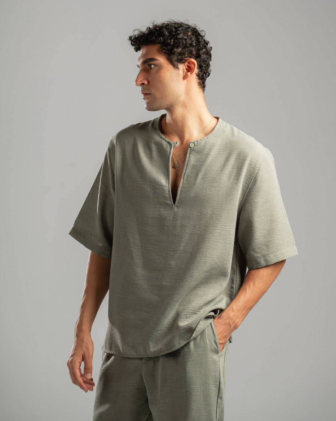 Olive V Linen Shirt