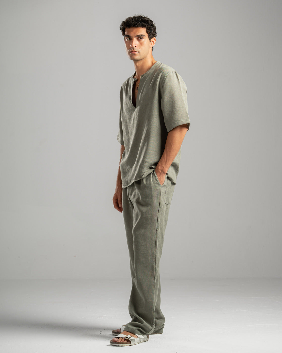 Olive V Linen Shirt