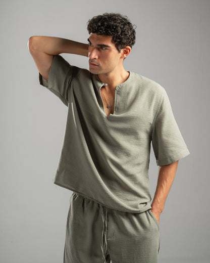 Olive V Linen Shirt