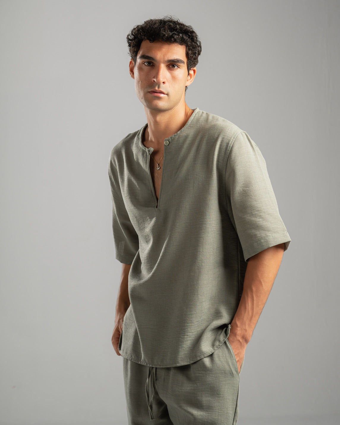 Olive V Linen Shirt