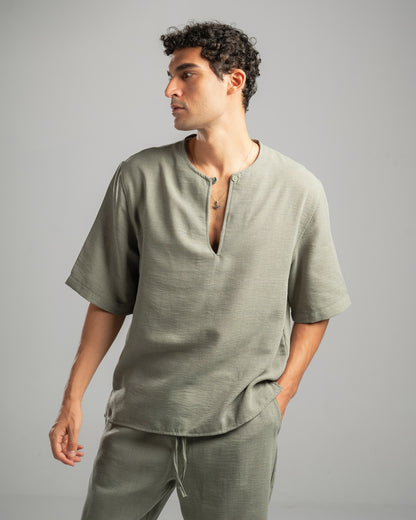 Olive V Linen Shirt