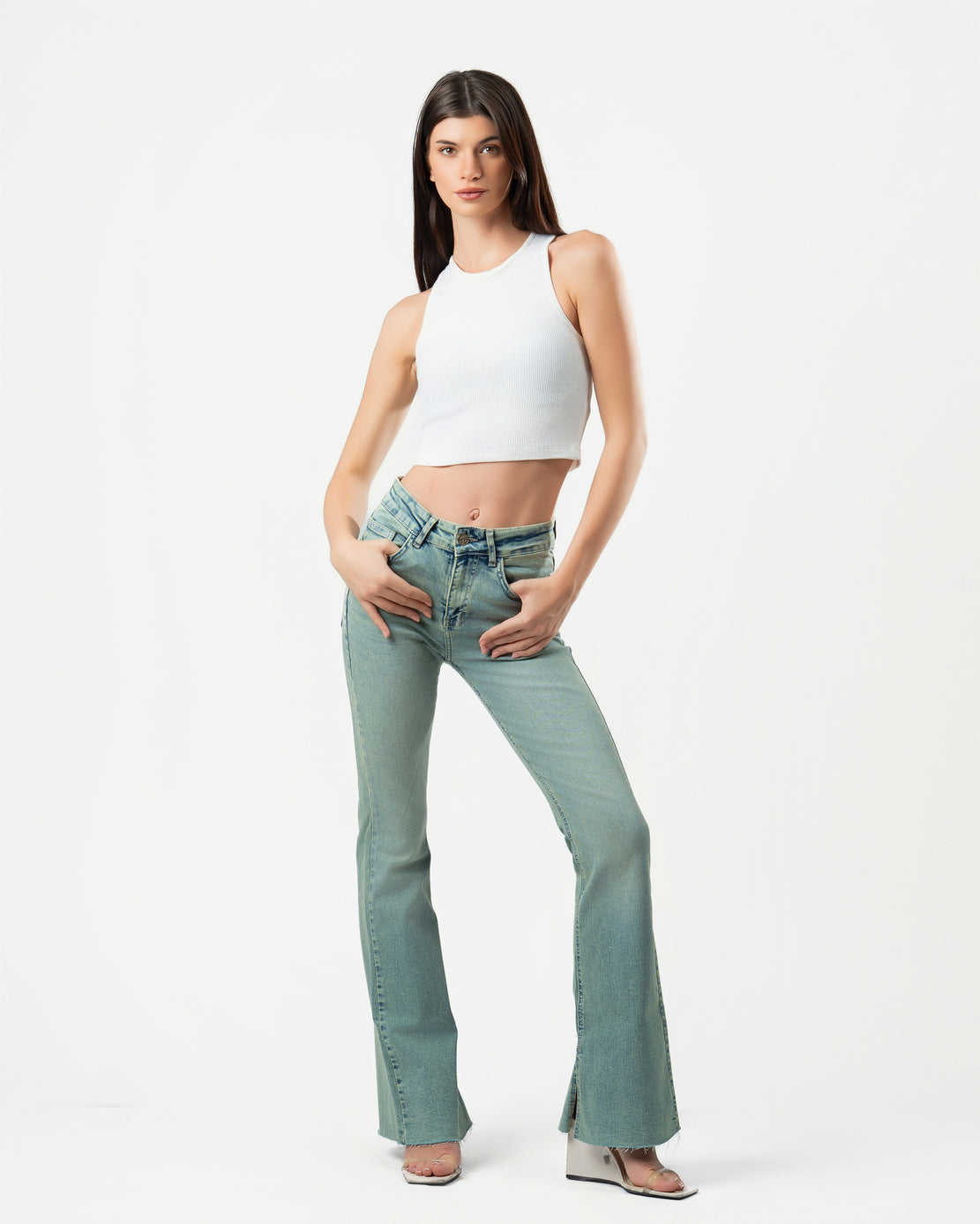 Flared Jeans in Washed Green
