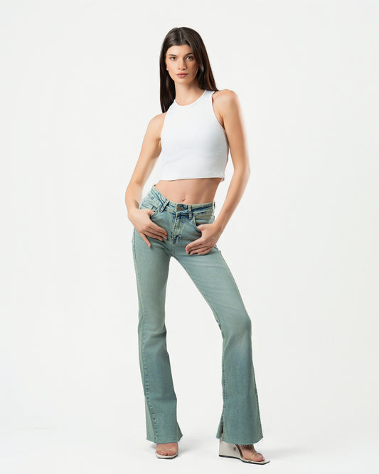 Flared Jeans in Washed Green