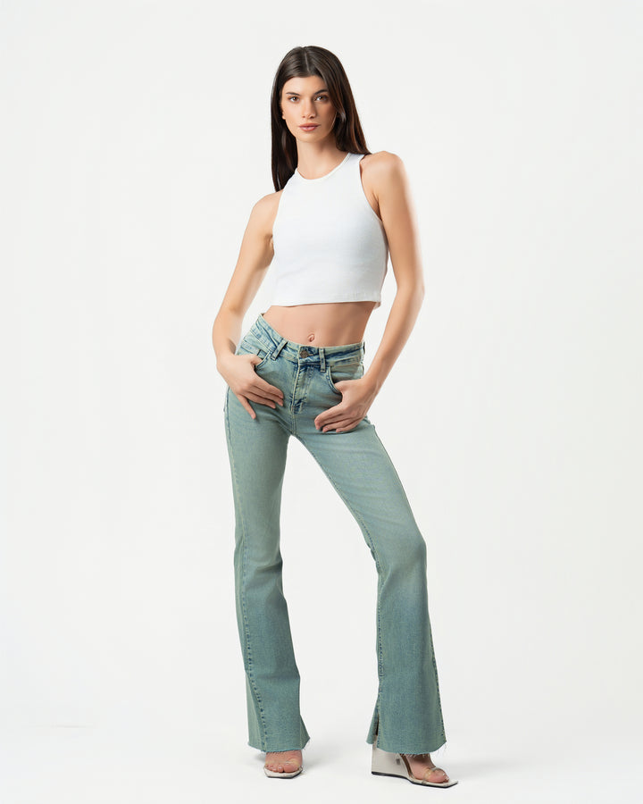 Flared Jeans in Washed Green