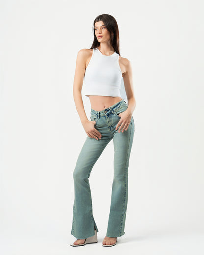 Flared Jeans in Washed Green