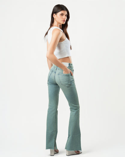 Flared Jeans in Washed Green