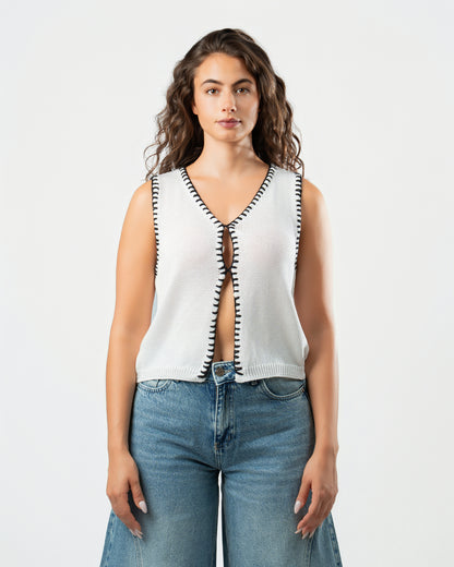 Stitched Knit Top in White